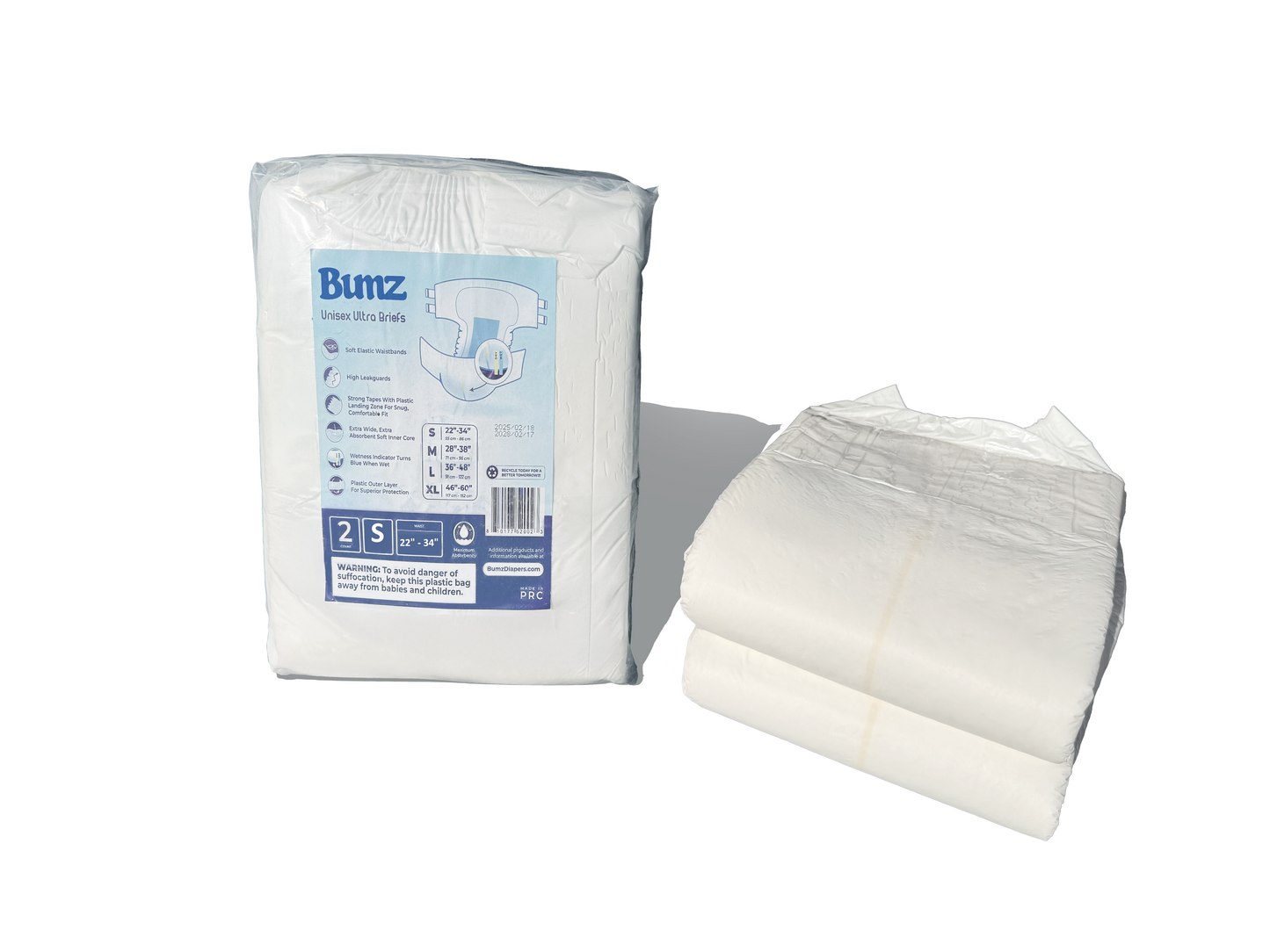 Bumz Unisex Maximum Absorbency Incontinence Briefs/Adult Diapers for Men and Women. Small (22"-34"). White. 2ct